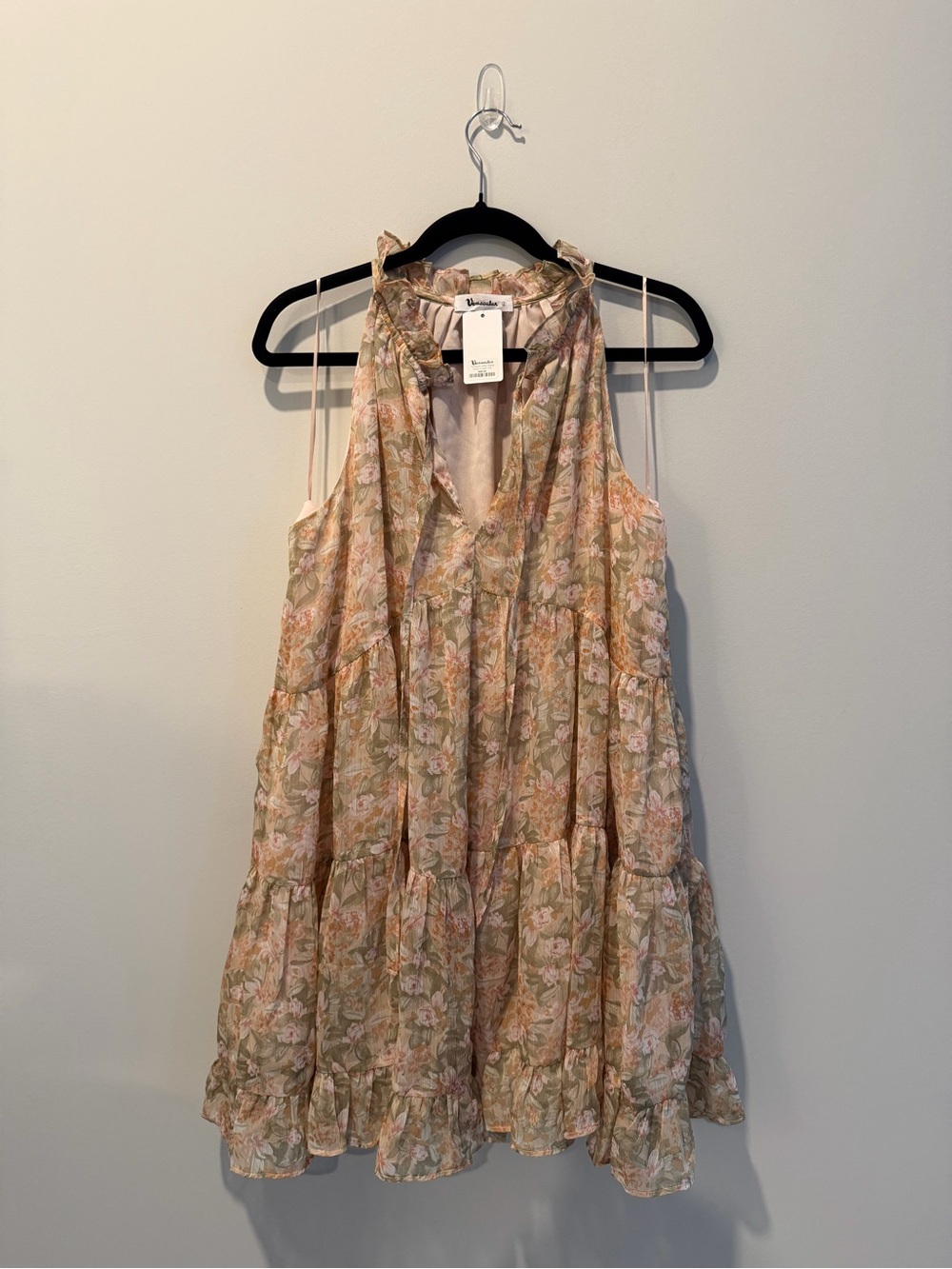 Floral Tiered Halter Mini Dress in Pink & Tan